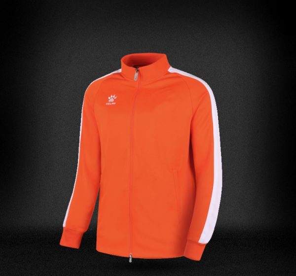 Polyester & Spandex Hip length Athletic/Training Jacket in solid Neon-Orange with White stripe on both sleeves from the collar to the cuff.