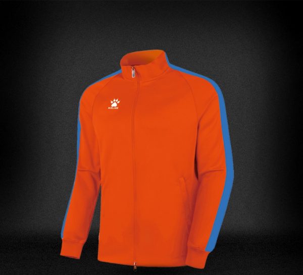 Polyester & Spandex Hip length Athletic/Training Jacket in solid Neon-Orange with Neon-Blue stripe on both sleeves from the collar to the cuff.
